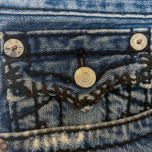 Rare Vintage True Religion Jeans Size 34 Bootcut Thick Blue Distressed Denim - Picture 11 of 11